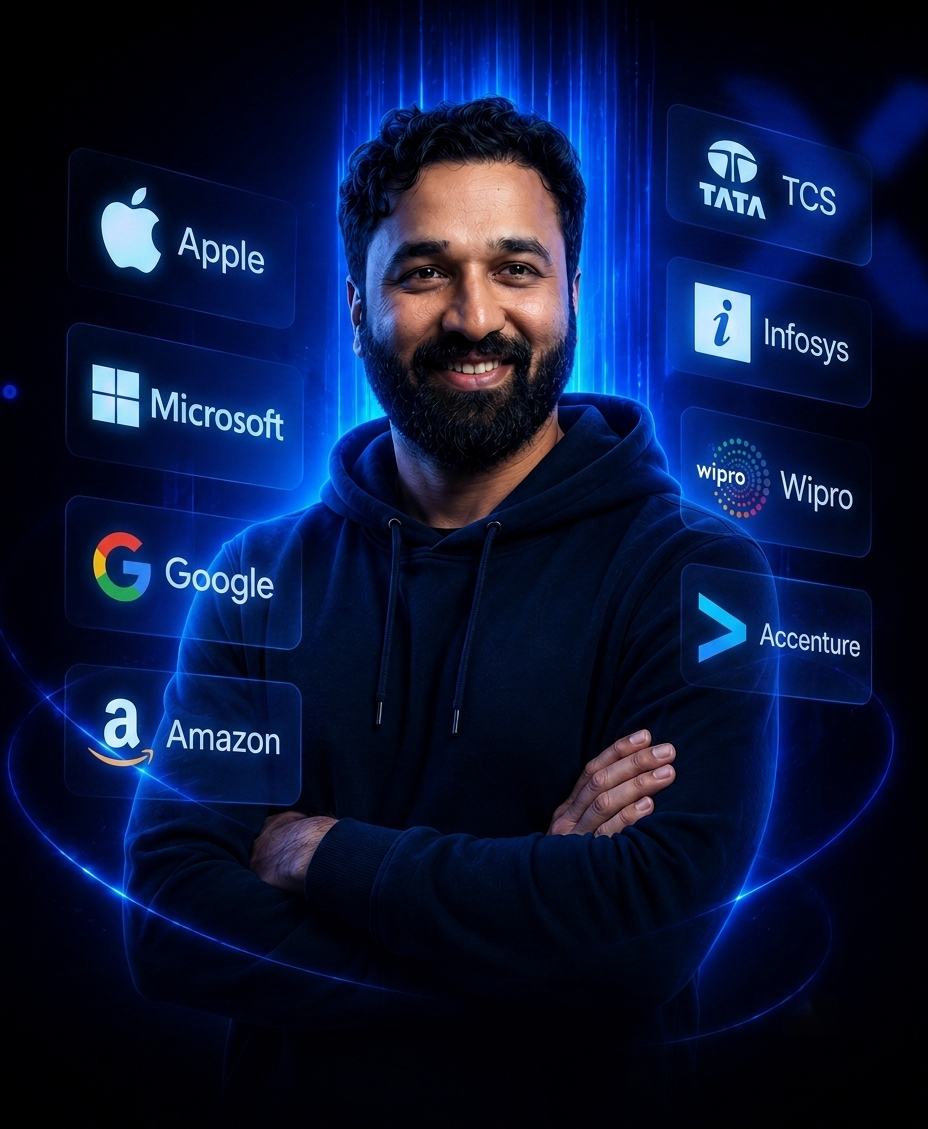 Prepylon founder with company logos including Apple, Microsoft, Google, Amazon, TCS, Infosys, Wipro, and Accenture